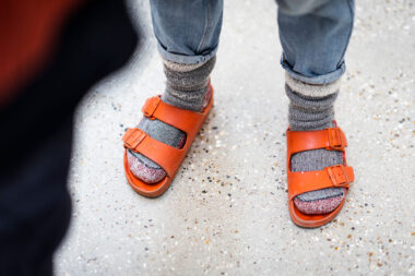 Colourful sandals worn by the artists Rana Begum in her London studio.