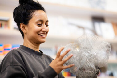 The artist Rana Begum working in her studio in London.