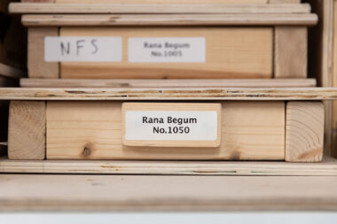 Work in boxes in the studio of London artist Rana Begum.