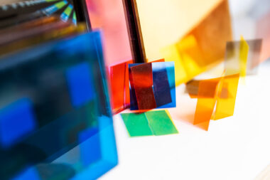 Close up detail of coloured gels in the studio of Rana Begum.