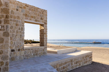 Rear view over water of The Breathing Beach House in Marsa Alam, Egypt looking out to sea.