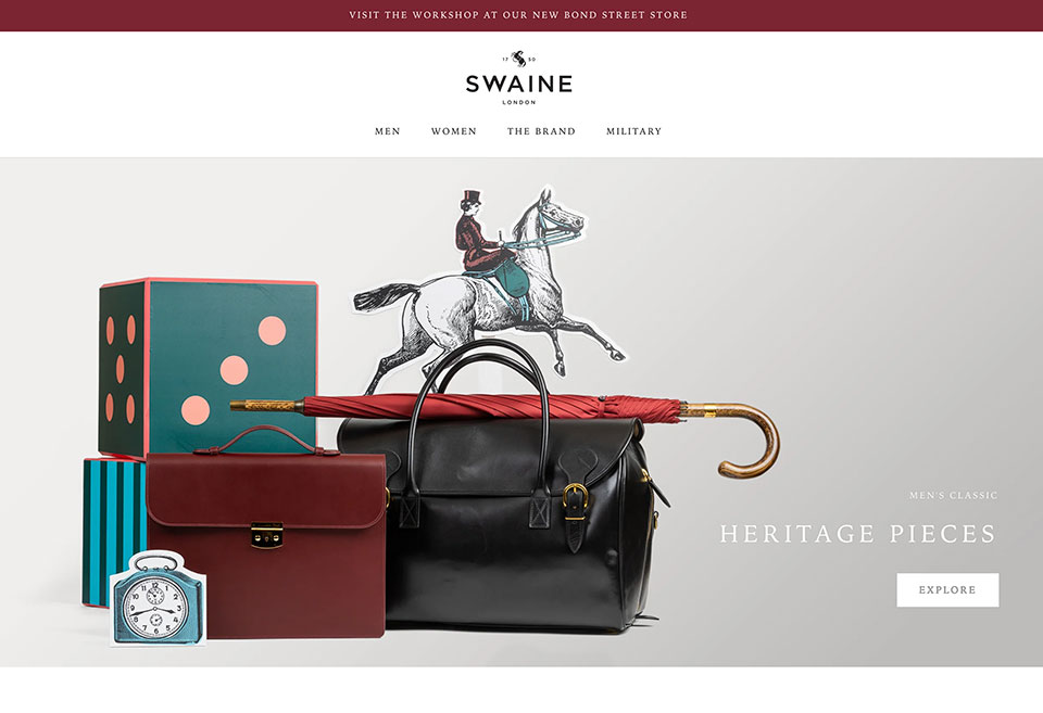 Still life product photography of luxury bags and an umbrella for The House of Swaine.