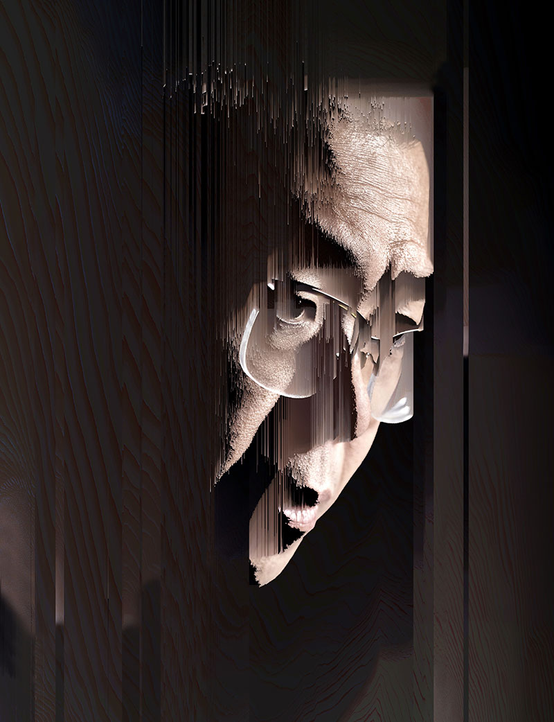 A portrait of Gordon Cheung taken by Richard Boll and digital glitch applied by Gordon Cheung. The art of collaboration and relinquishing creative control.