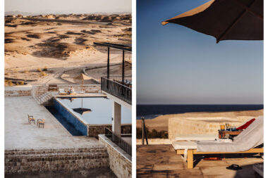 One image of a swimming pool and one image of pool-side lounger at Wadi Sabarah Lodge in Egypt.