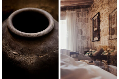 One photograph of am earthenware pot and image of a bedroom in Wadi Sabarah Lodge in Marsa Alam in Egypt.