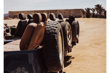 The spare tyres of different jeeps at Wadi Sabarah Lodge, Egypt.